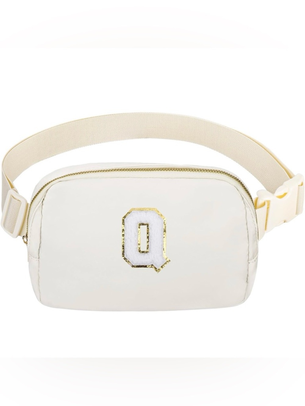 White Quilted Crossbody Belt Bag with Gold Trim